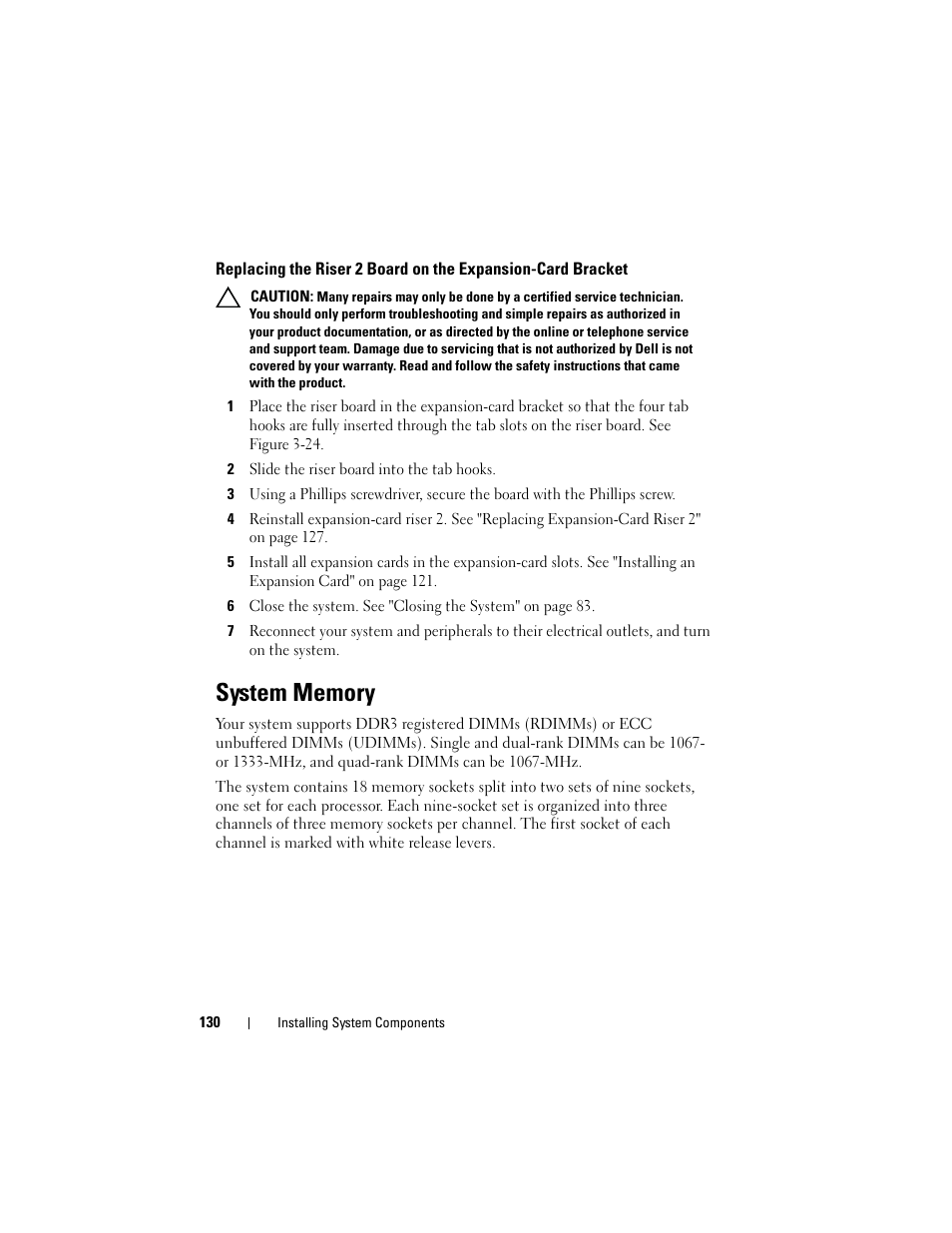 System memory, Replacing the riser 2 board on the, Expansion-card bracket | E "system memory, System, E "system memory" on, System memory" on | Dell DX6000 User Manual | Page 130 / 198