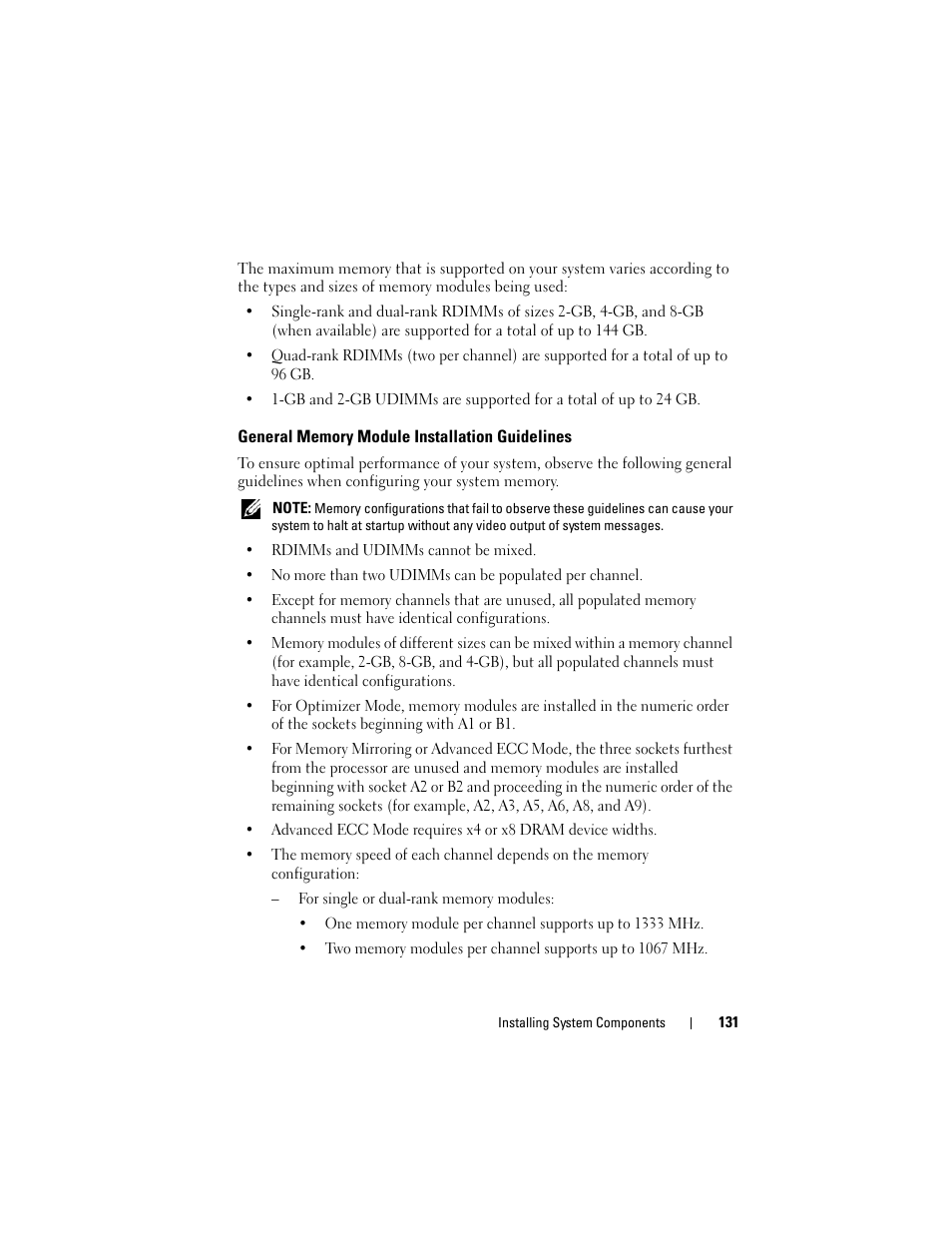 General memory module installation guidelines, General memory module installation, Guidelines | See "general memory, Module installation, E "general memory, General memory module, Installation guidelines" on, General memory | Dell DX6000 User Manual | Page 131 / 198