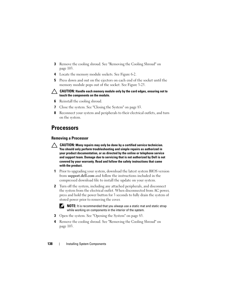 Processors, Removing a processor | Dell DX6000 User Manual | Page 138 / 198