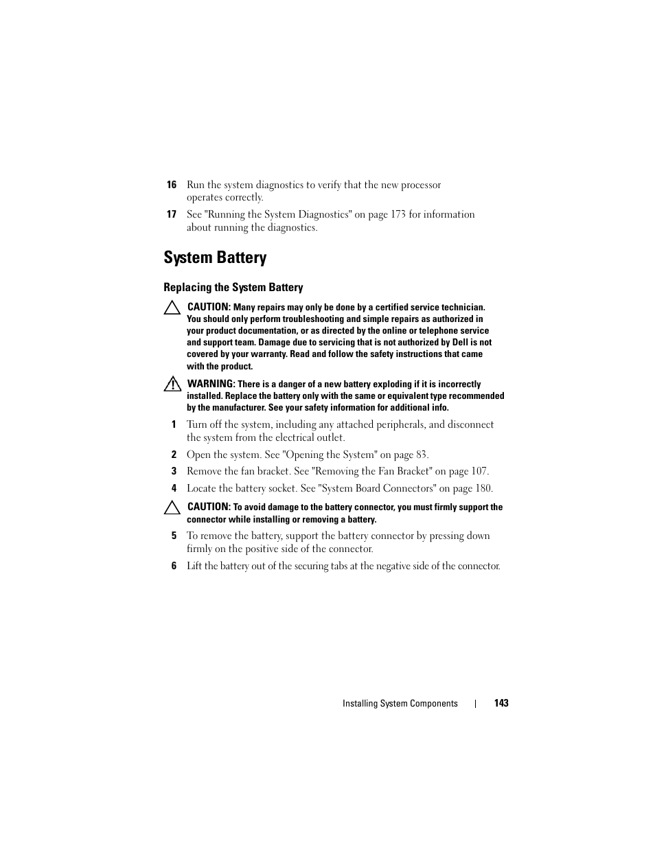 System battery, Replacing the system battery, E "system battery | Dell DX6000 User Manual | Page 143 / 198
