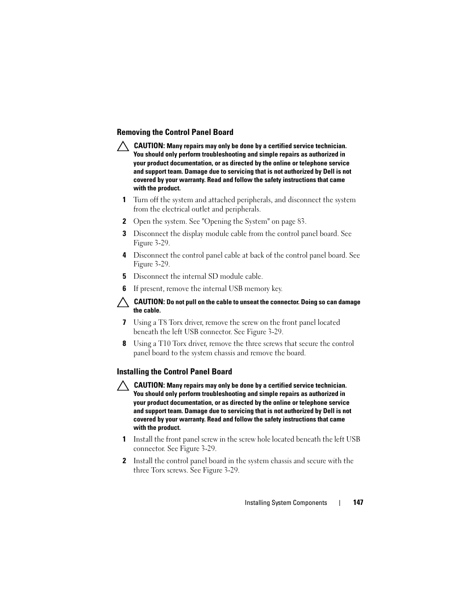 Removing the control panel board, Installing the control panel board | Dell DX6000 User Manual | Page 147 / 198