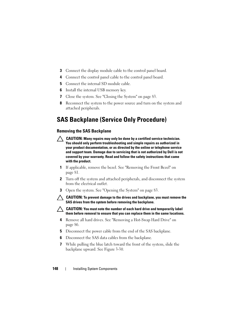 Sas backplane (service only procedure), Removing the sas backplane | Dell DX6000 User Manual | Page 148 / 198