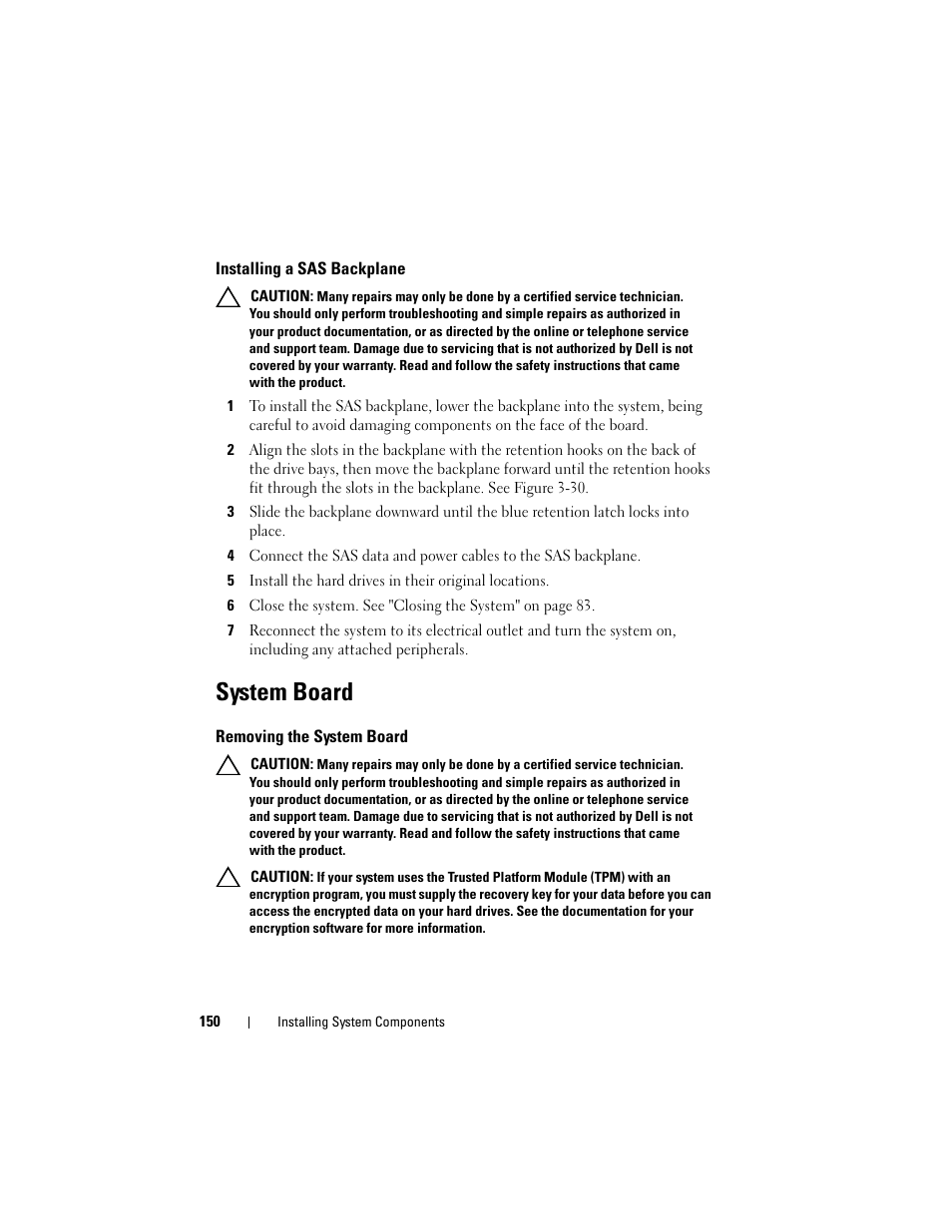 Installing a sas backplane, System board, Removing the system board | Dell DX6000 User Manual | Page 150 / 198