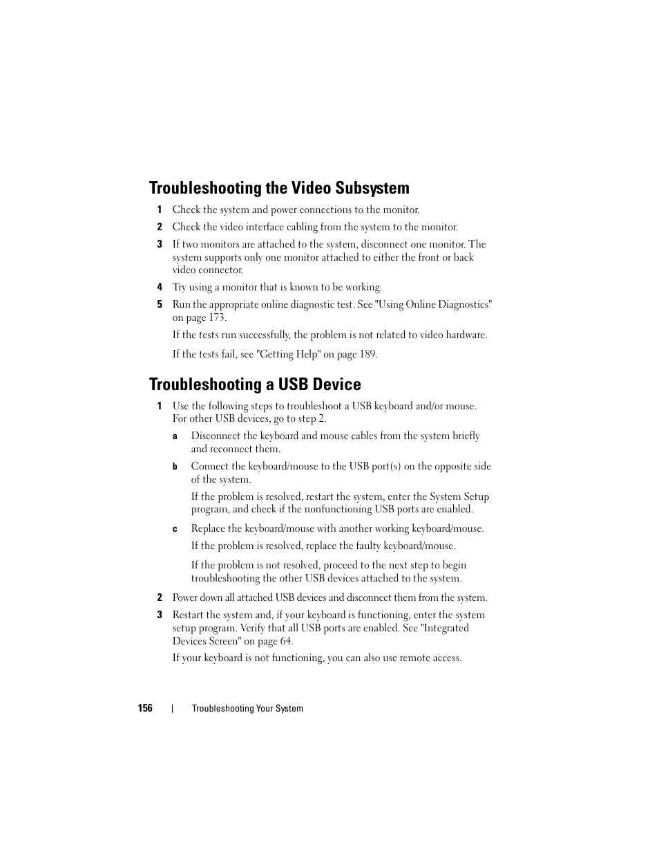 Troubleshooting the video subsystem, Troubleshooting a usb device, Troubleshooting a usb | Dell DX6000 User Manual | Page 156 / 198