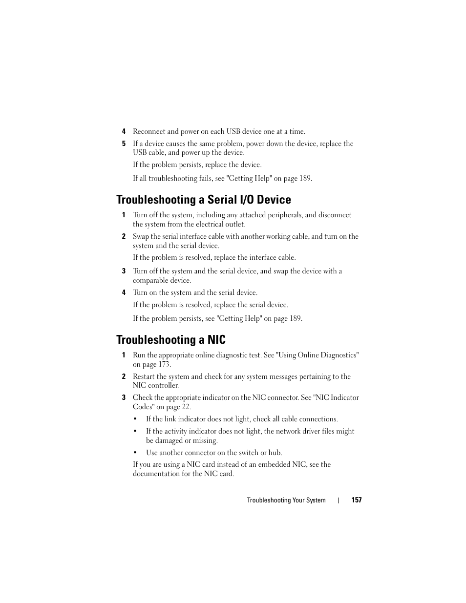 Troubleshooting a serial i/o device, Troubleshooting a nic, Troubleshooting a nic" on | Dell DX6000 User Manual | Page 157 / 198