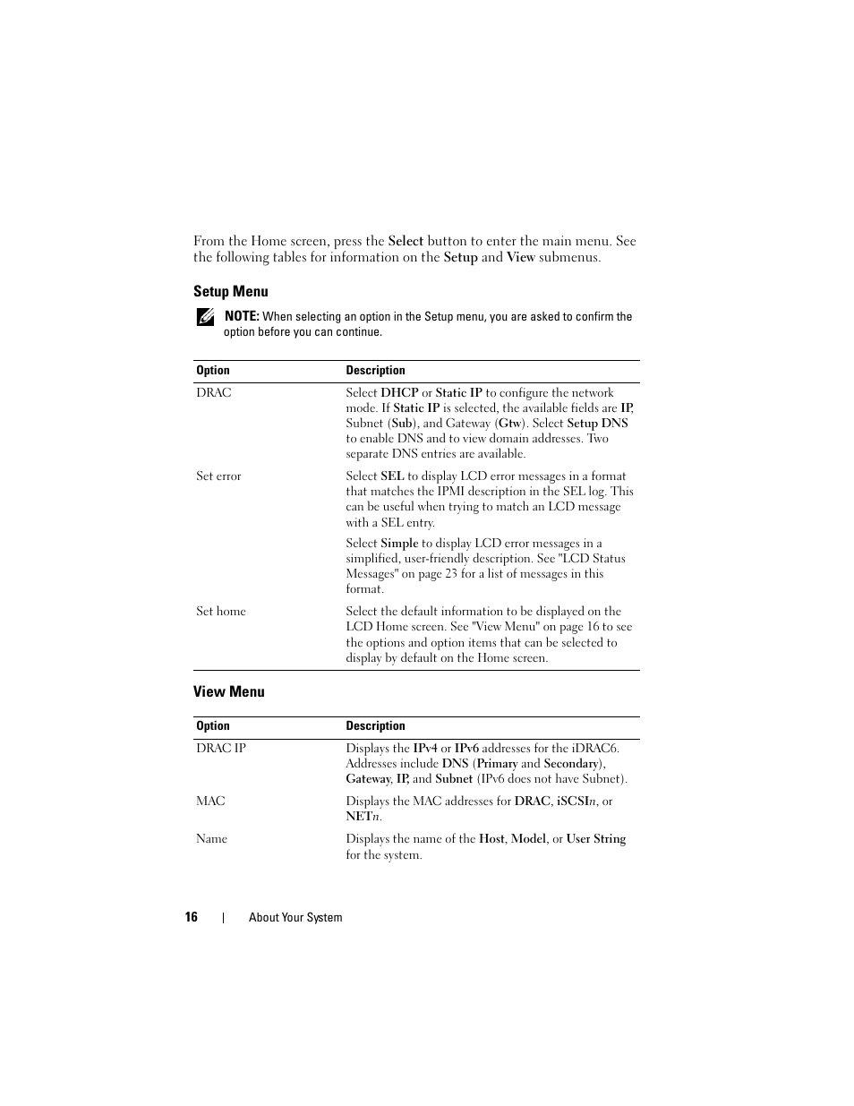 Setup menu, View menu | Dell DX6000 User Manual | Page 16 / 198