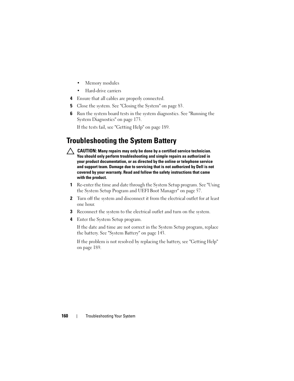 Troubleshooting the system battery, Troubleshooting the, System battery" on | Dell DX6000 User Manual | Page 160 / 198