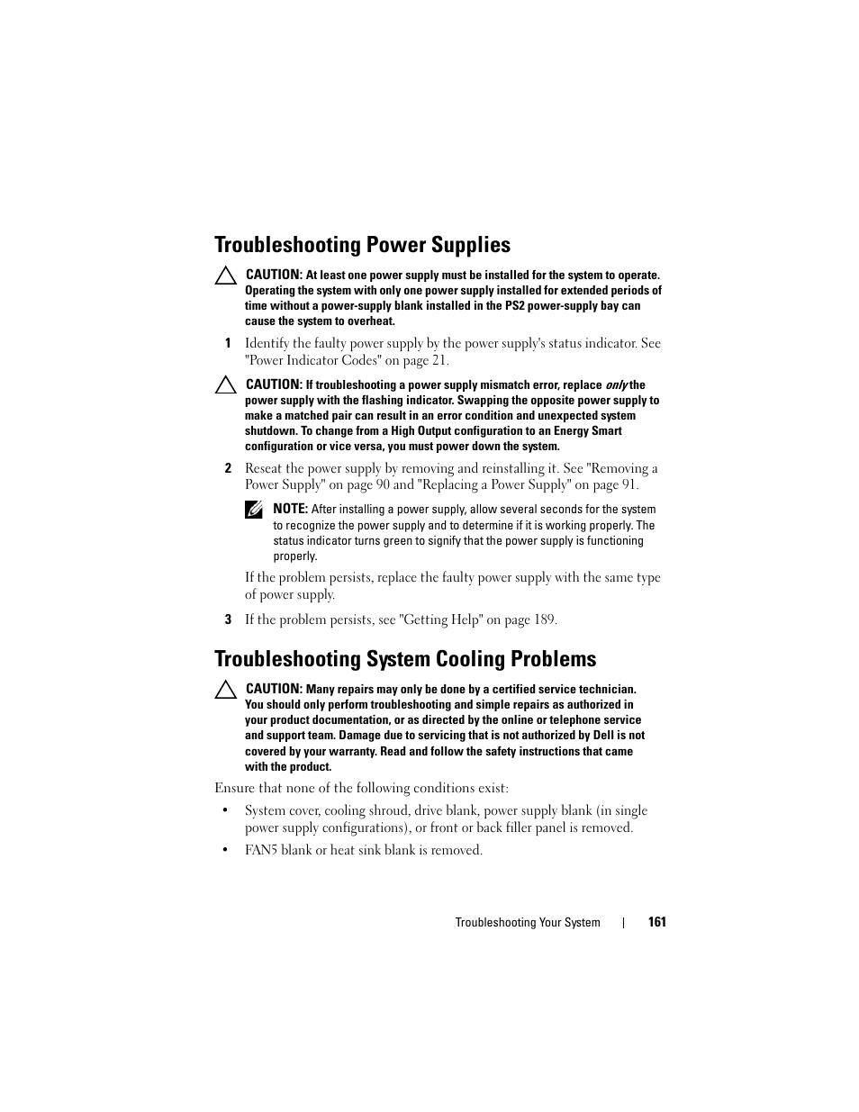 Troubleshooting power supplies, Troubleshooting system cooling problems, Troubleshooting | System cooling, Troubleshooting system, Cooling problems" on, See "troubleshooting, Power supplies" on, Troubleshooting power, E "troubleshooting power | Dell DX6000 User Manual | Page 161 / 198