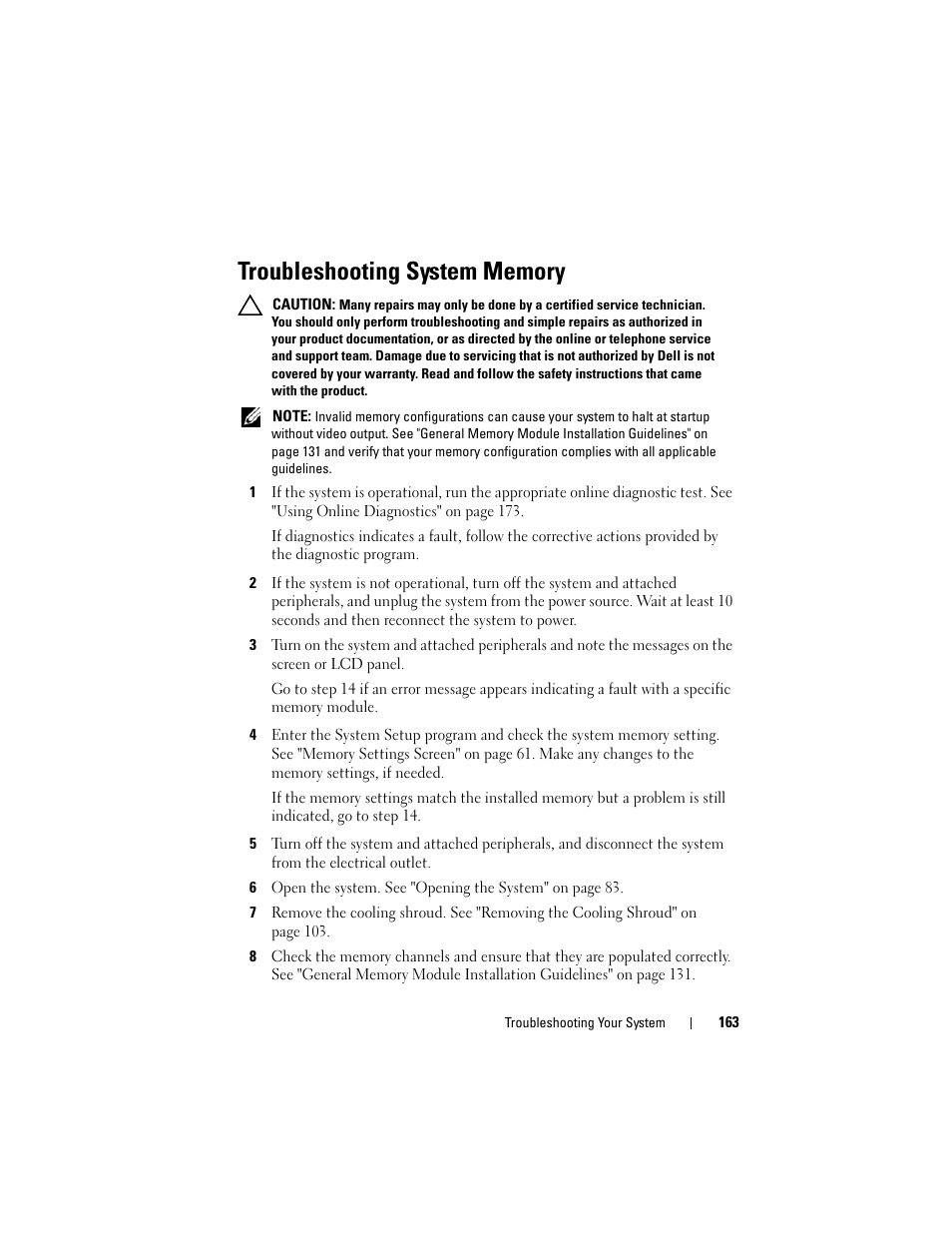 Troubleshooting system memory, Troubleshooting system, See "troubleshooting | System memory" on, Troubleshooting, E "troubleshooting, E "troubleshooting system | Dell DX6000 User Manual | Page 163 / 198