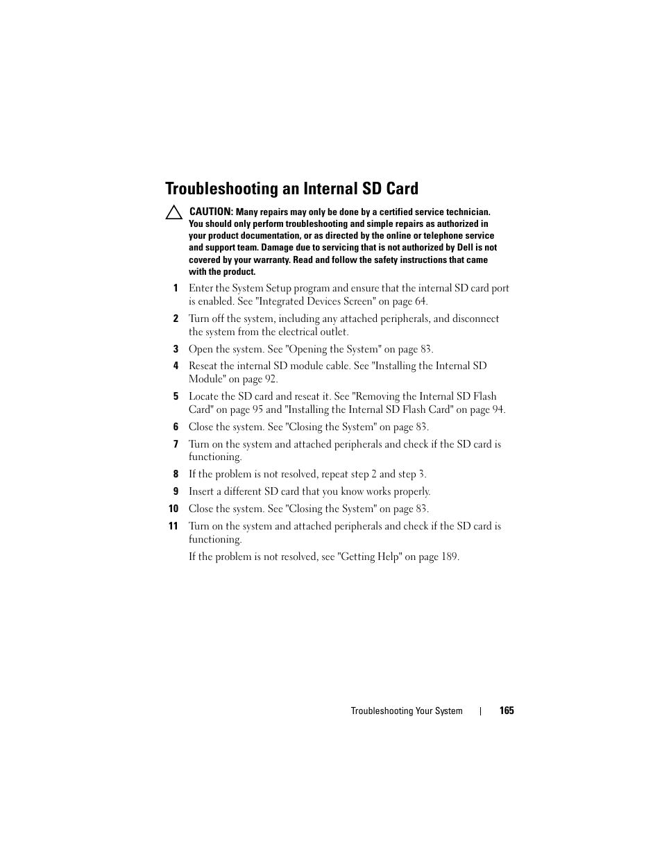 Troubleshooting an internal sd card, Troubleshooting an internal | Dell DX6000 User Manual | Page 165 / 198