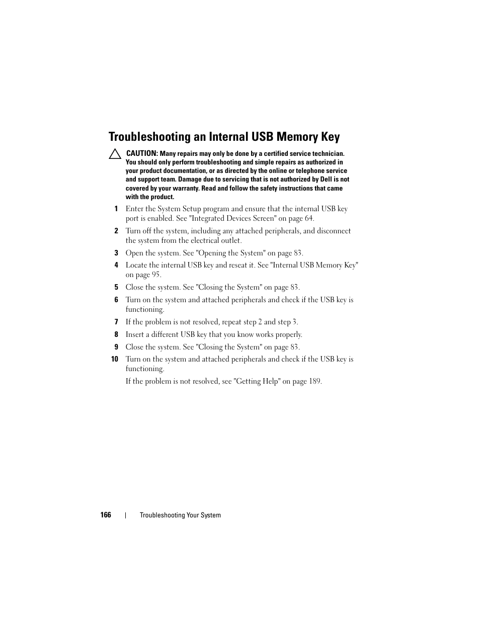 Troubleshooting an internal usb memory key | Dell DX6000 User Manual | Page 166 / 198