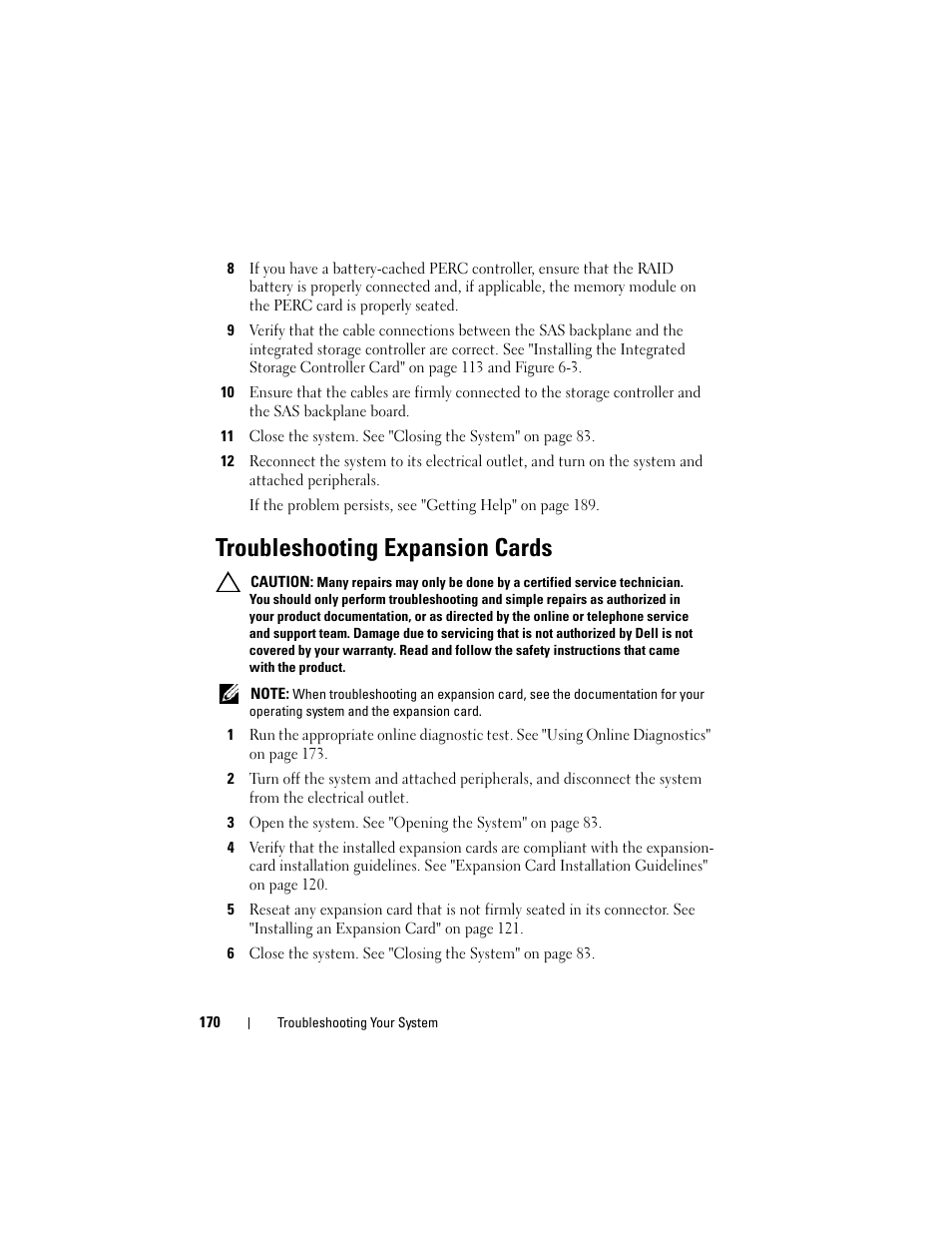 Troubleshooting expansion cards, Troubleshooting, Expansion cards" on | Troubleshooting expansion | Dell DX6000 User Manual | Page 170 / 198