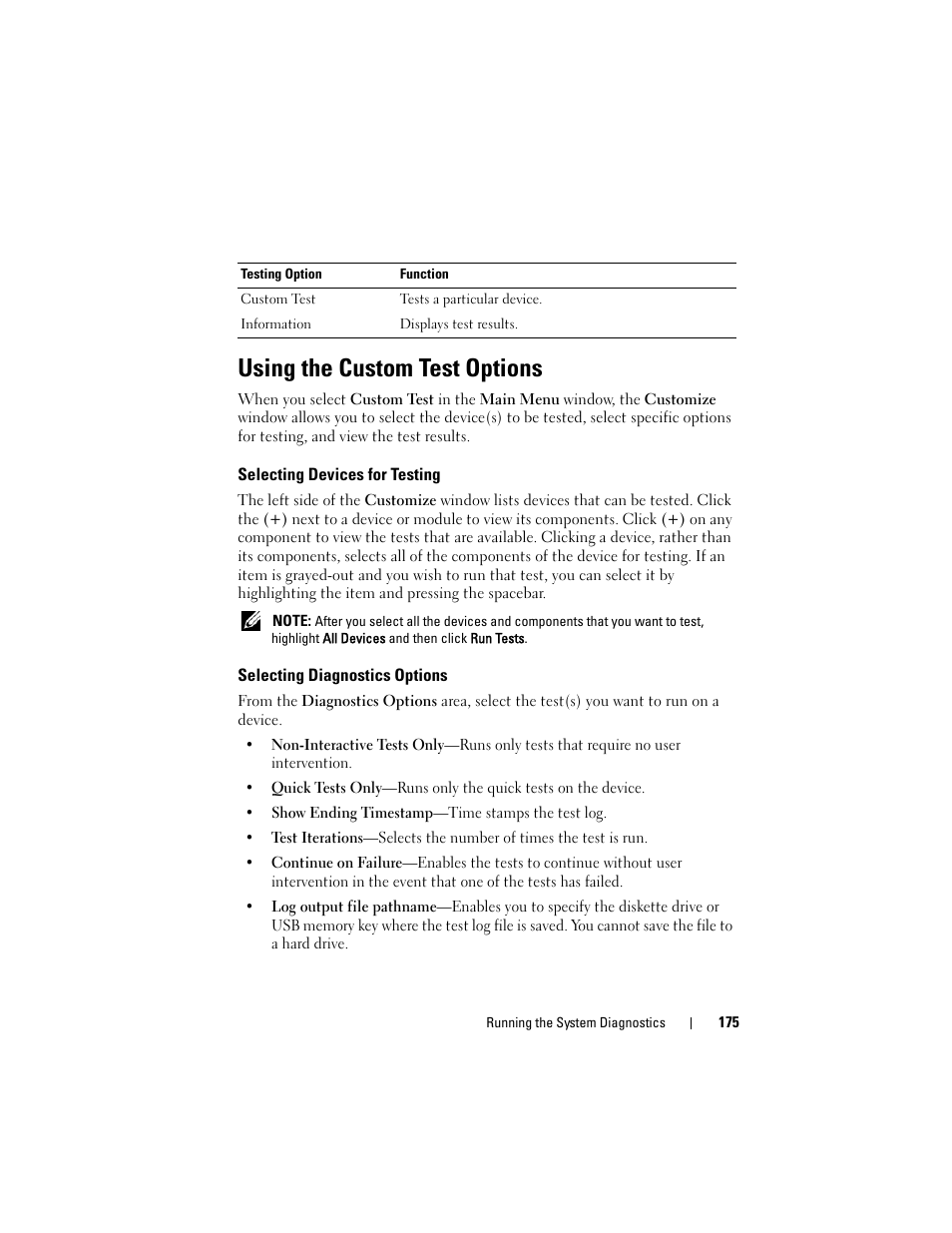 Using the custom test options, Selecting devices for testing, Selecting diagnostics options | Dell DX6000 User Manual | Page 175 / 198