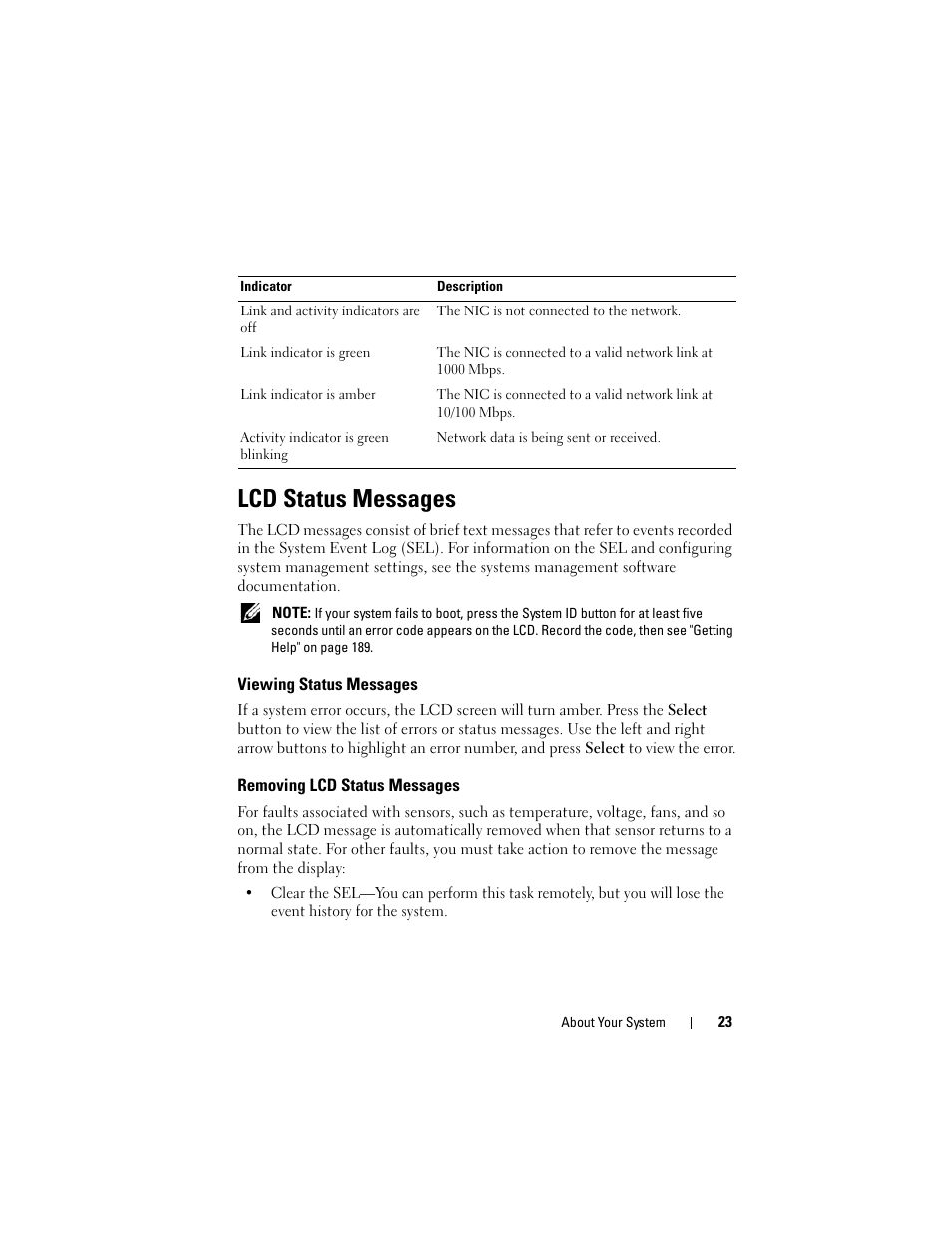 Lcd status messages, Viewing status messages, Removing lcd status messages | Dell DX6000 User Manual | Page 23 / 198