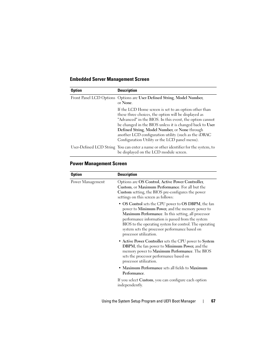 Embedded server management screen, Power management screen, E "power management screen | Dell DX6000 User Manual | Page 67 / 198