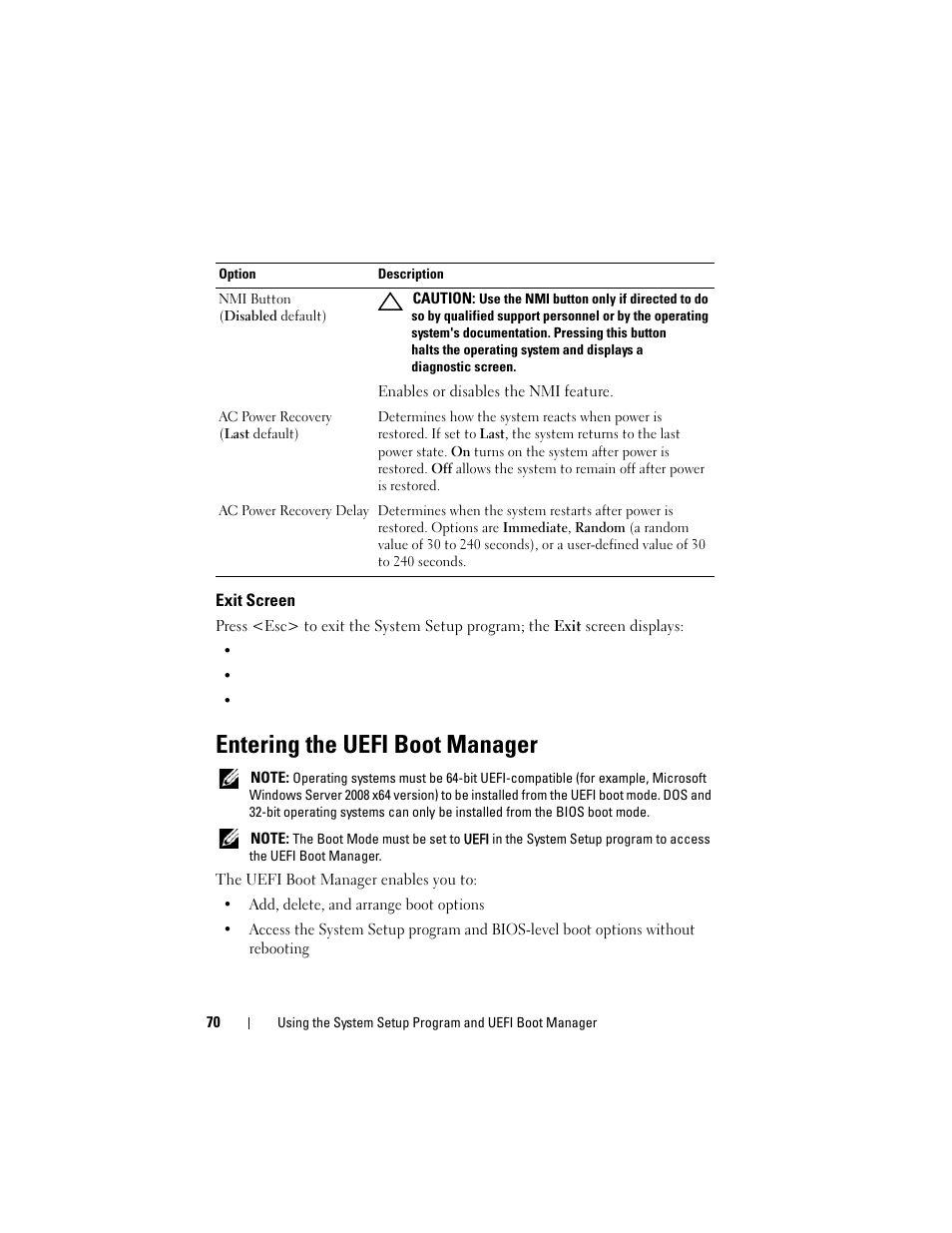 Exit screen, Entering the uefi boot manager | Dell DX6000 User Manual | Page 70 / 198