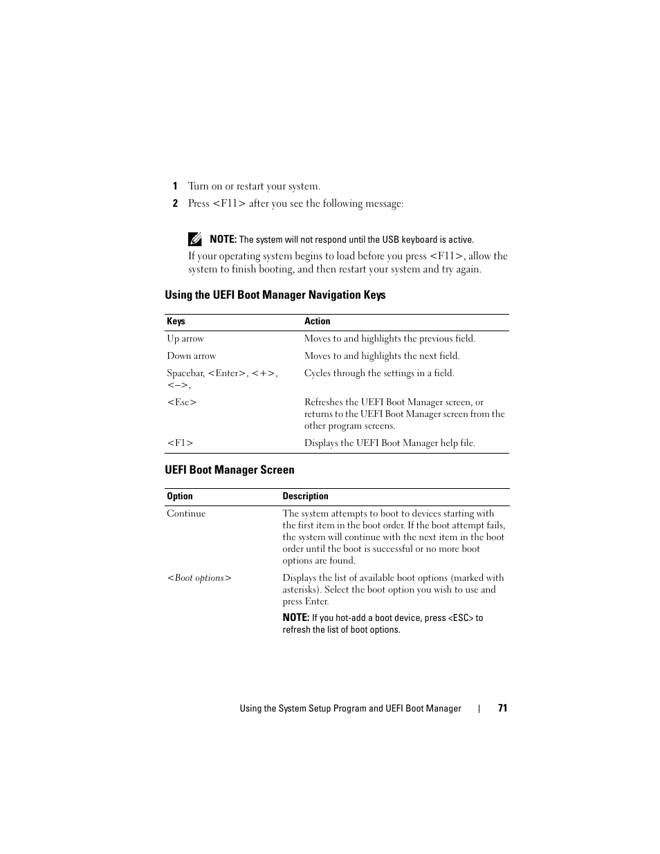 Using the uefi boot manager navigation keys, Uefi boot manager screen, Using the uefi boot manager | Navigation keys | Dell DX6000 User Manual | Page 71 / 198