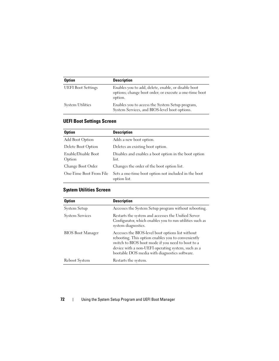 Uefi boot settings screen, System utilities screen | Dell DX6000 User Manual | Page 72 / 198