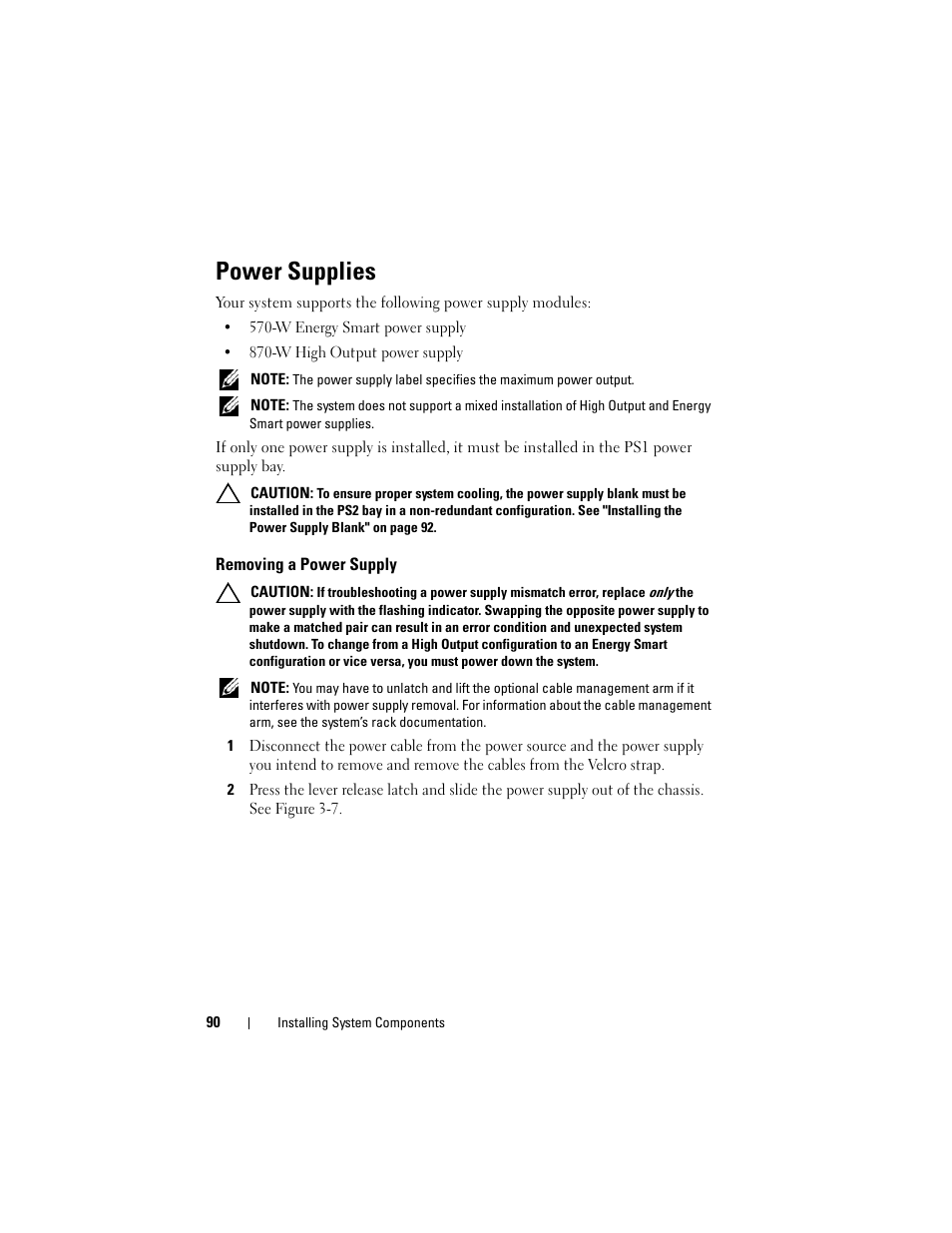 Power supplies, Removing a power supply, Power | Dell DX6000 User Manual | Page 90 / 198
