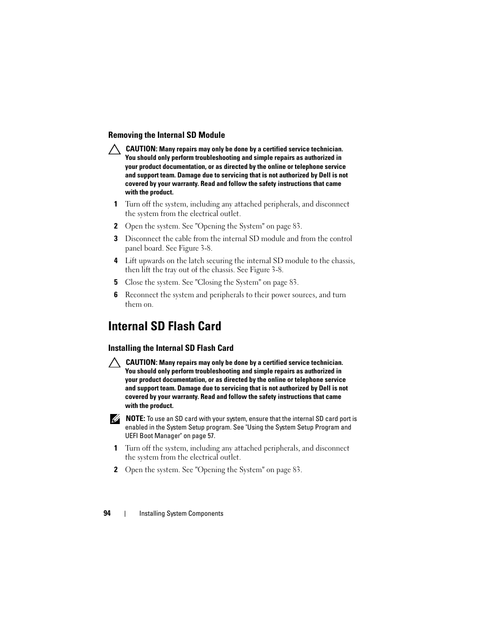 Removing the internal sd module, Internal sd flash card, Installing the internal sd flash card | Dell DX6000 User Manual | Page 94 / 198