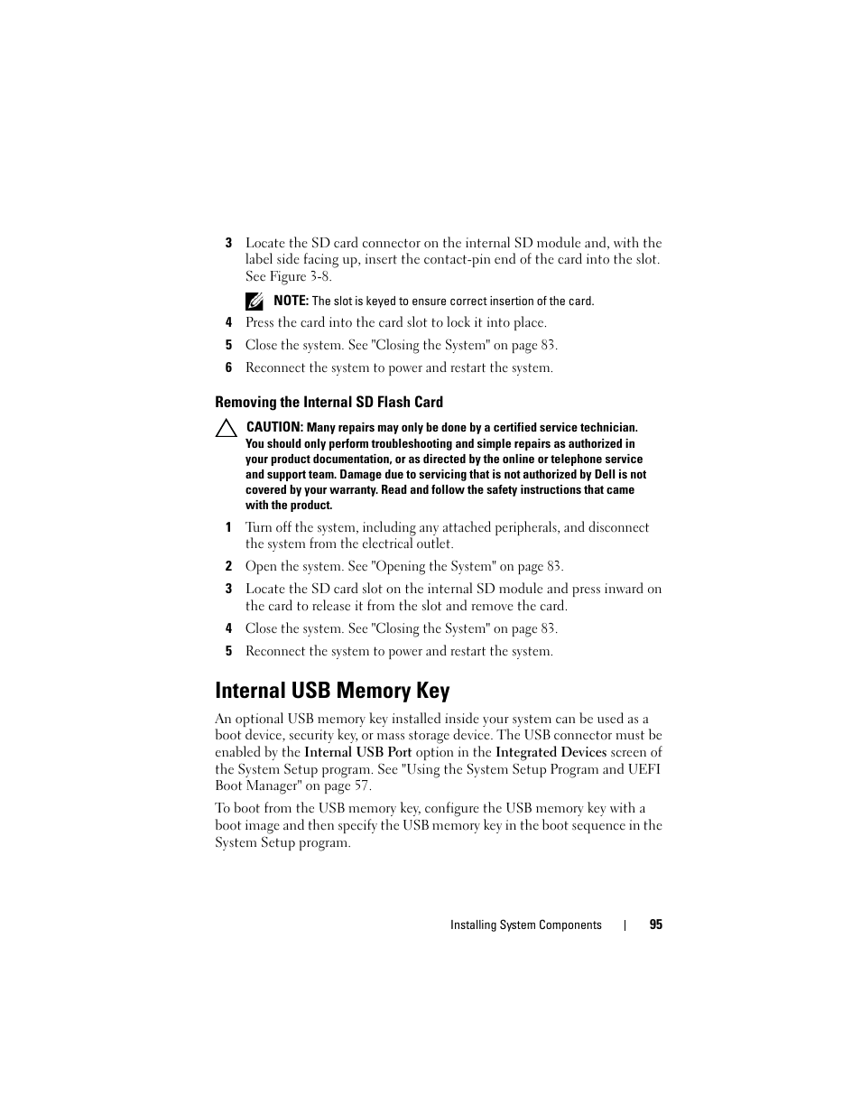 Removing the internal sd flash card, Internal usb memory key | Dell DX6000 User Manual | Page 95 / 198