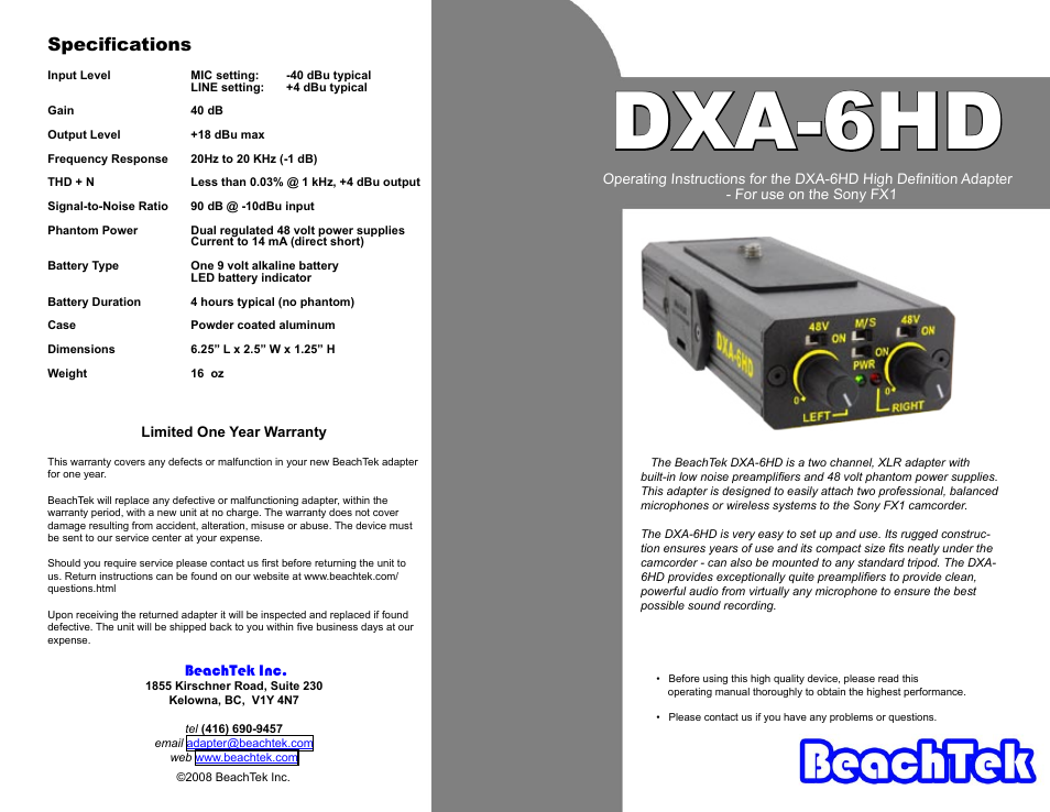 BeachTek High Definition Adapter DXA-6HD User Manual | 2 pages