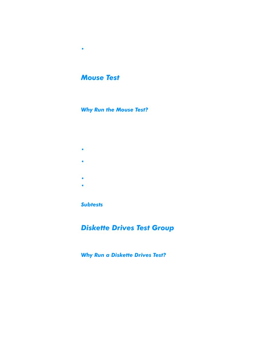 Mouse test, Why run the mouse test, Subtests | Diskette drives test group, Why run a diskette drives test, Mouse test -20, Why run the mouse test? -20, Subtests -20, Diskette drives test group -20, Why run a diskette drives test? -20 | Dell Inspiron 3500 User Manual | Page 102 / 168