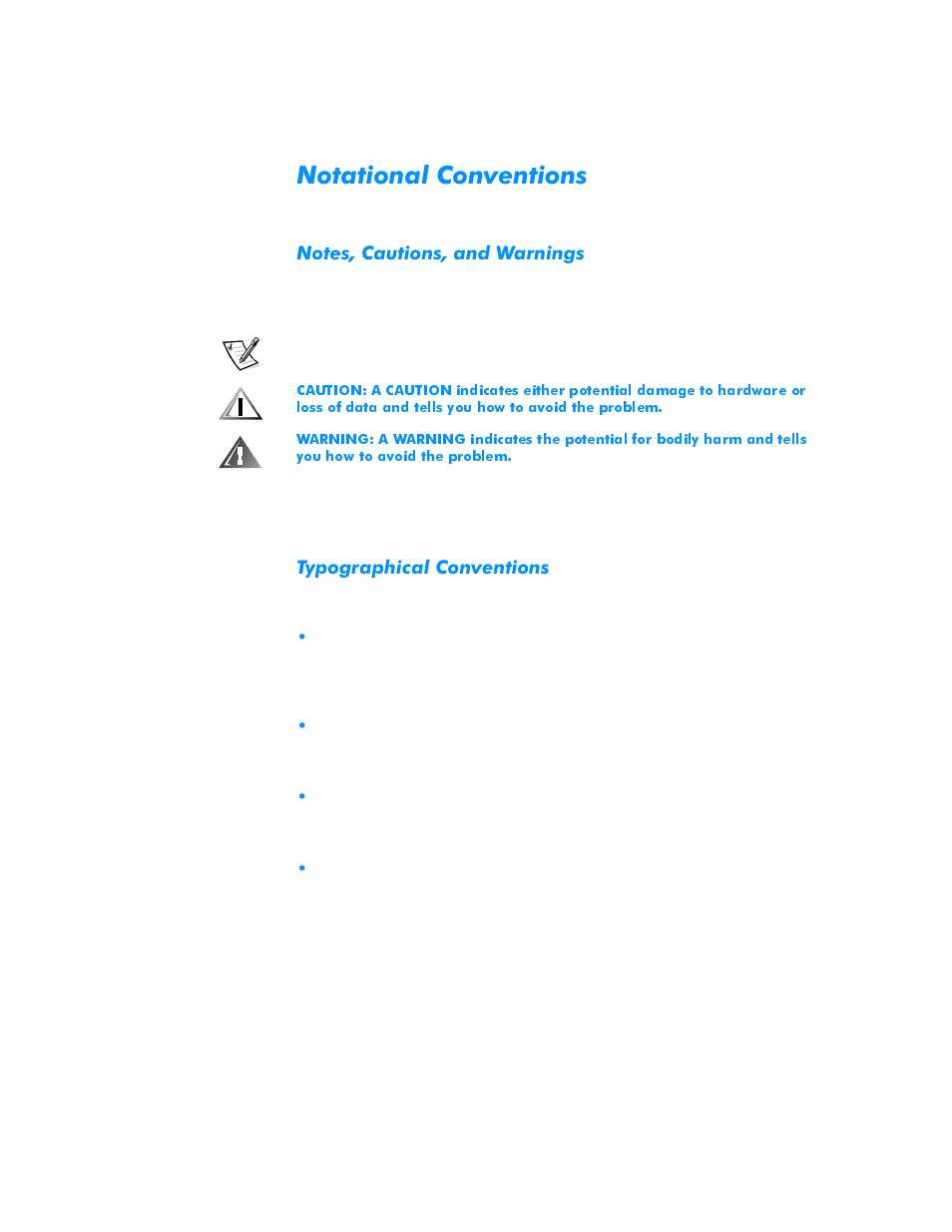 Notational conventions, Notes, cautions, and warnings, Typographical conventions | 1rwdwlrqdo&rqyhqwlrqv | Dell Inspiron 3500 User Manual | Page 13 / 168