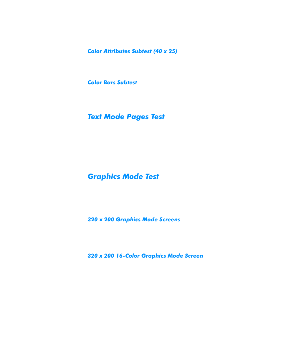 Color attributes subtest (40 x 25), Color bars subtest, Graphics mode test | 320 x 200 graphics mode screens, 320 x 200 16-color graphics mode screen, 7h[w0rgh3djhv7hvw, Udsklfv0rgh7hvw | Dell Inspiron 3500 User Manual | Page 137 / 168