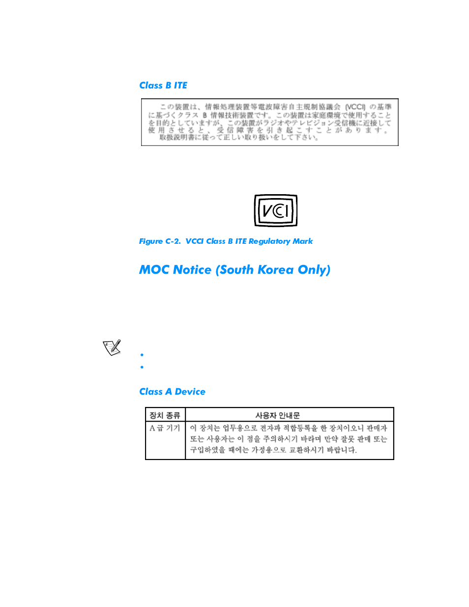 Class b ite, Moc notice (south korea only), Class a device | Dell Inspiron 3500 User Manual | Page 148 / 168