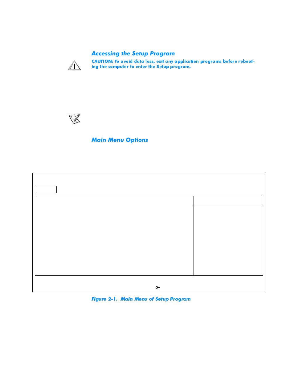 Accessing the setup program, Main menu options, Accessing the setup program -3 | Main menu options -3 | Dell Inspiron 3500 User Manual | Page 33 / 168