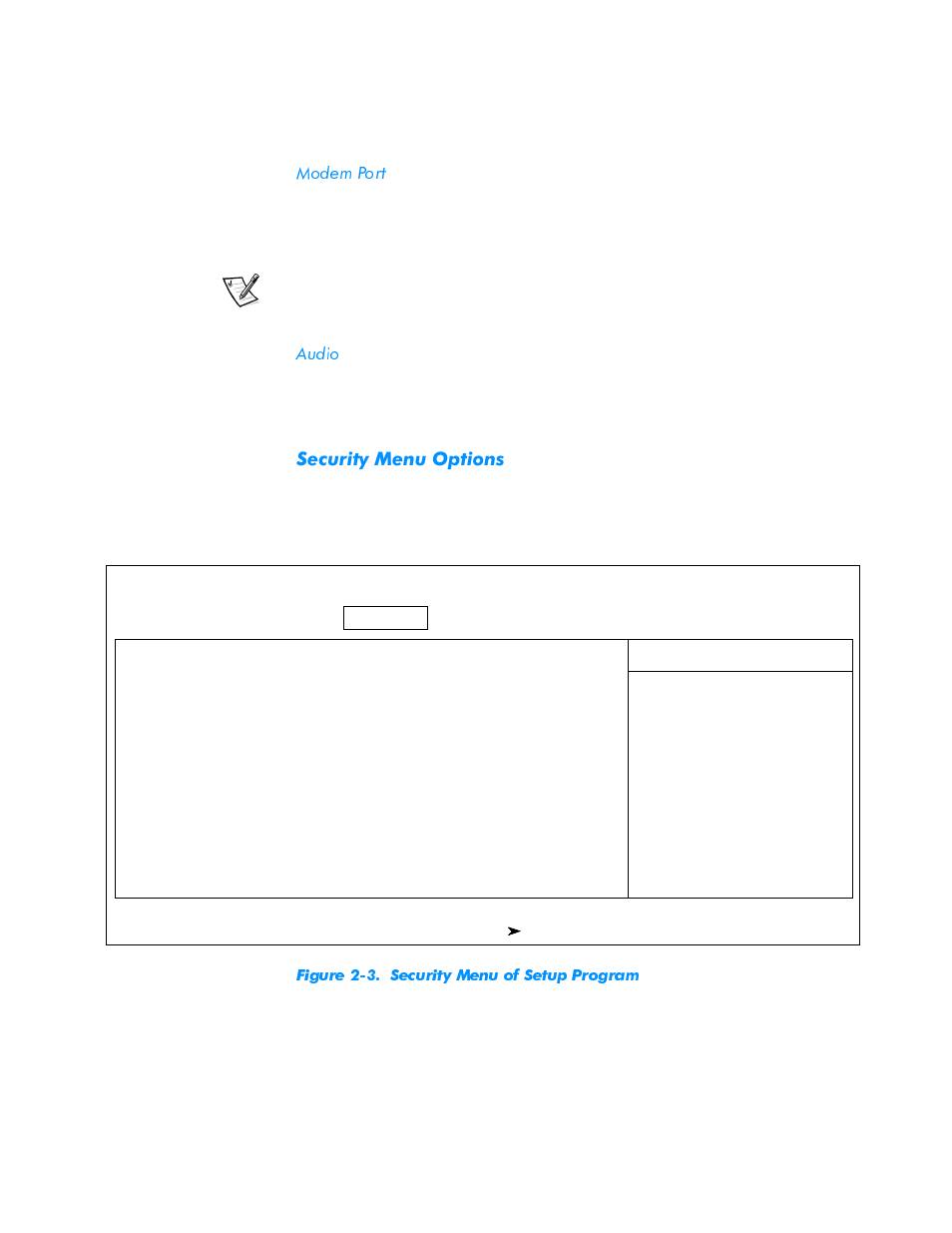 Modem port, Audio, Security menu options | Modem port -7, Audio -7, Security menu options -7 | Dell Inspiron 3500 User Manual | Page 37 / 168