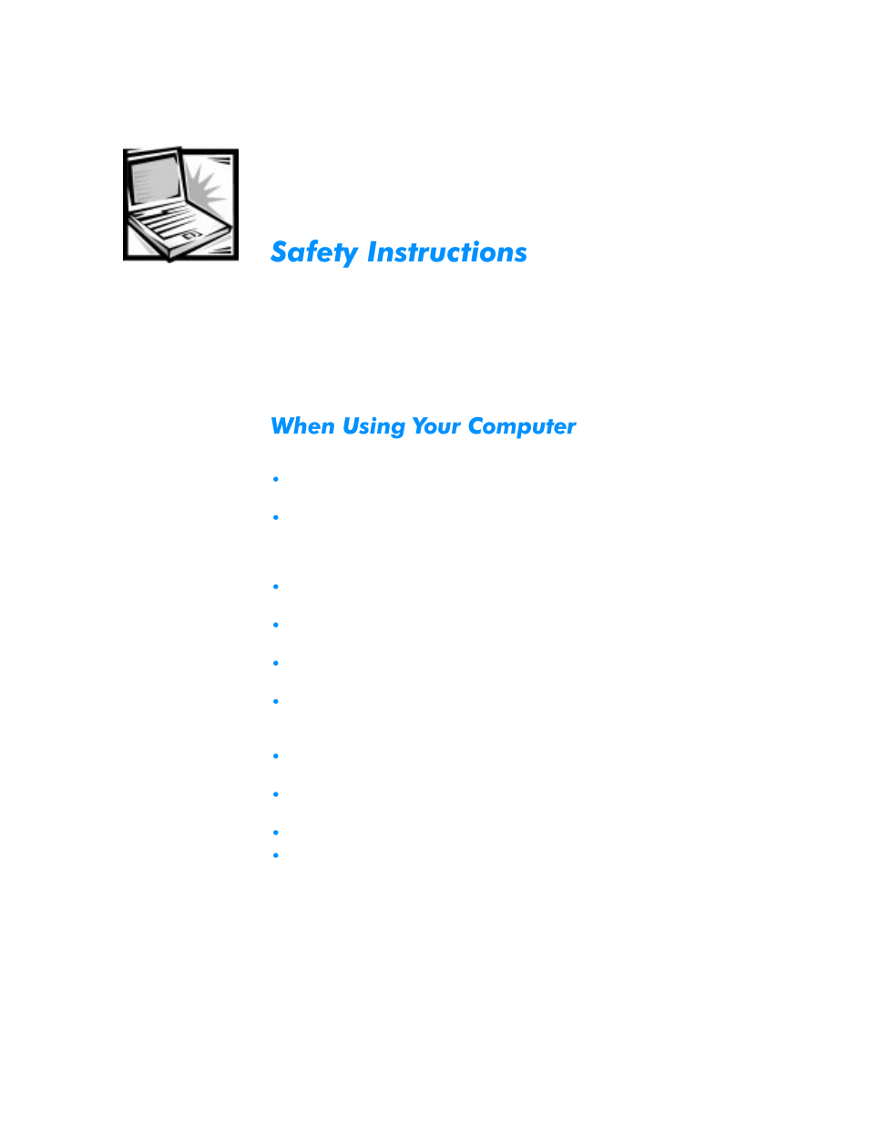 Safety instructions, When using your computer, 6dihw\,qvwuxfwlrqv | Khq8vlqj<rxu&rpsxwhu | Dell Inspiron 3500 User Manual | Page 5 / 168