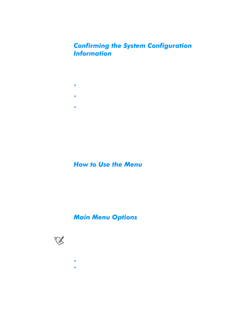 Confirming the system configuration information, How to use the menu, Main menu options | Confirming the system configuration information -6, How to use the menu -6, Main menu options -6, Rqiluplqjwkh6\vwhp&rqiljxudwlrq ,qirupdwlrq, Rzwr8vhwkh0hqx, 0dlq0hqx2swlrqv | Dell Inspiron 3500 User Manual | Page 88 / 168