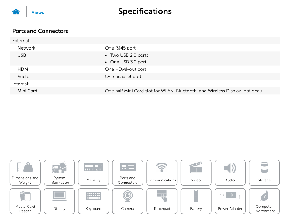 Ports and, Connectors, Specifications | Ports and connectors | Dell Inspiron 15 (3542, Early 2014) User Manual | Page 10 / 22