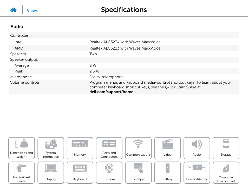 Audio, Specifications | Dell Inspiron 15 (3542, Early 2014) User Manual | Page 13 / 22