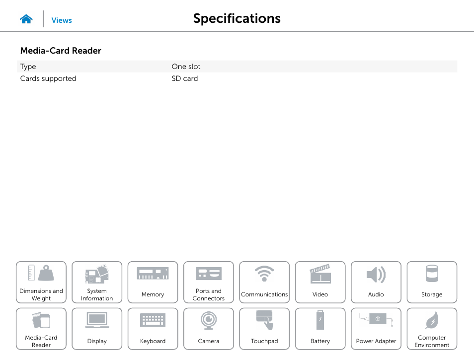Media‑card, Reader, Specifications | Media‑card reader | Dell Inspiron 15 (3542, Early 2014) User Manual | Page 15 / 22