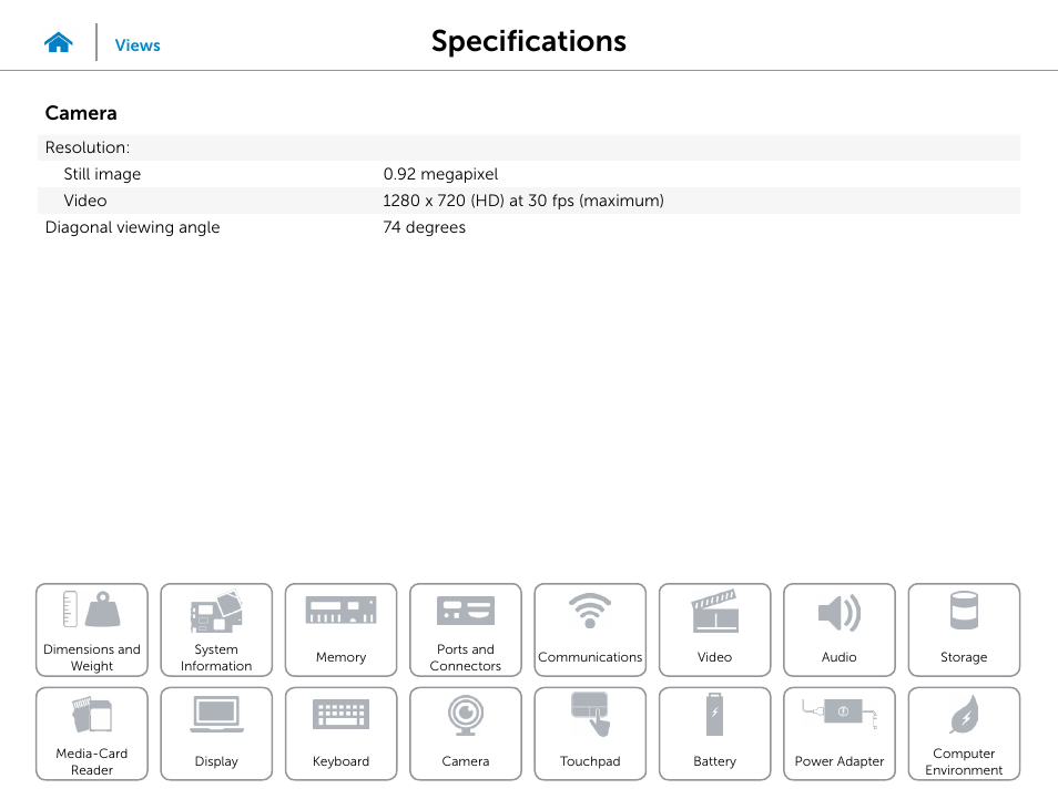 Camera, Specifications | Dell Inspiron 15 (3542, Early 2014) User Manual | Page 18 / 22