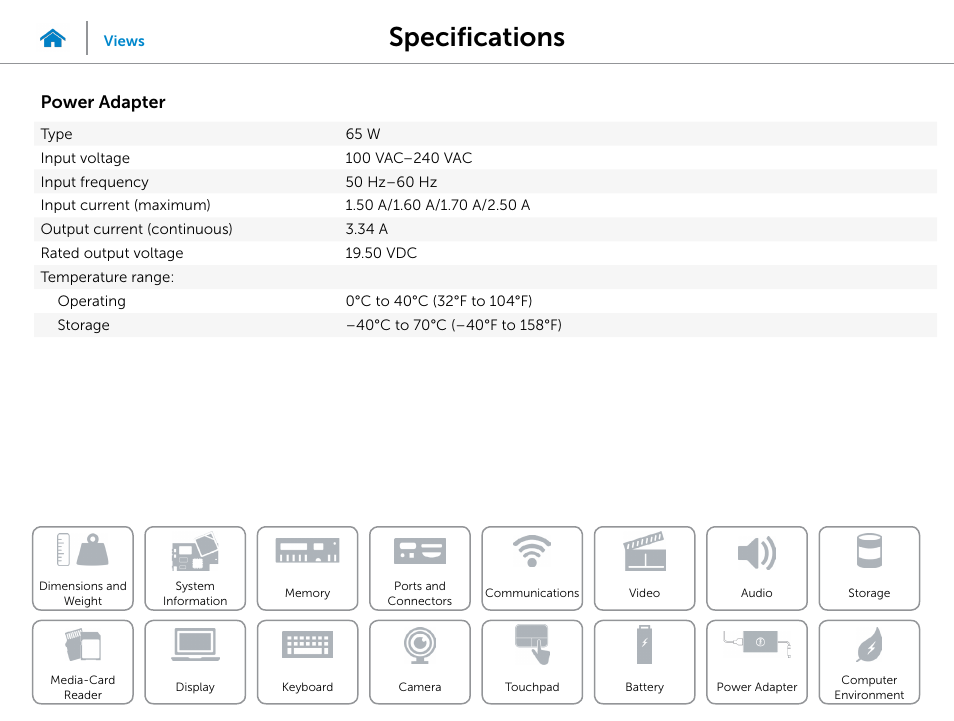 Power adapter, Specifications | Dell Inspiron 15 (3542, Early 2014) User Manual | Page 21 / 22