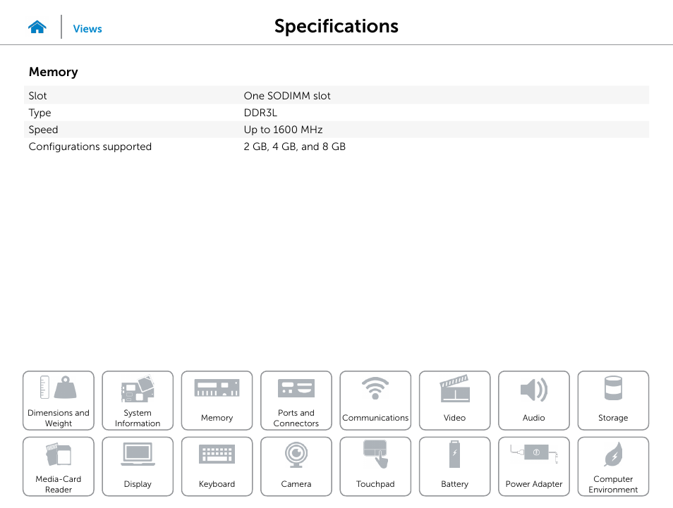 Memory, Specifications | Dell Inspiron 15 (3542, Early 2014) User Manual | Page 9 / 22
