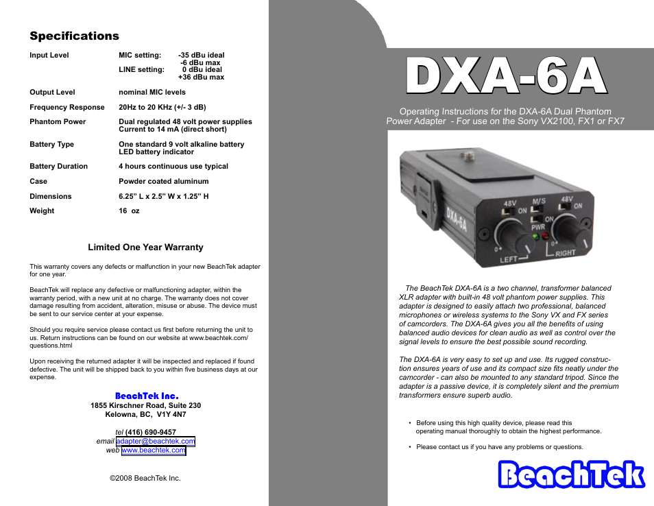 BeachTek Phantom Adapter DXA-6A User Manual | 2 pages