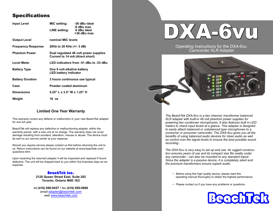 BeachTek DXA-6vu User Manual | 2 pages