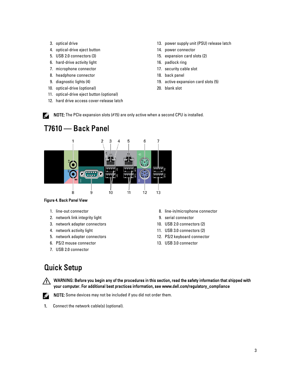 T7610 — back panel, Quick setup | Dell Precision T7610 (Late 2013) User Manual | Page 3 / 6