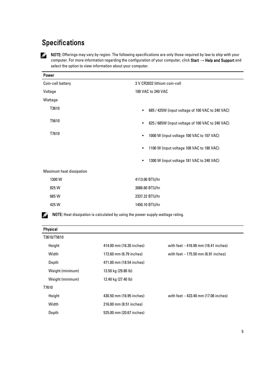 Specifications | Dell Precision T7610 (Late 2013) User Manual | Page 5 / 6