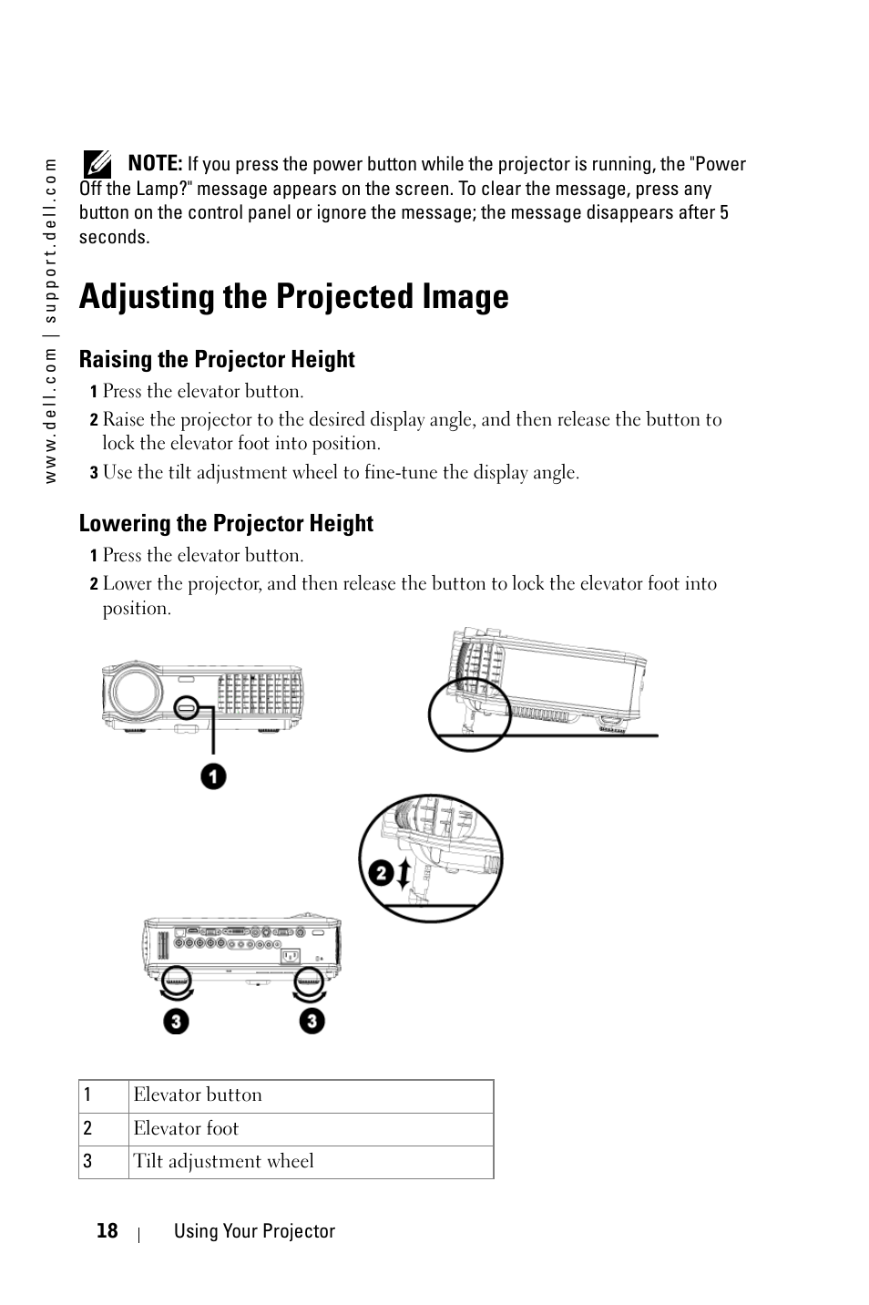 Adjusting the projected image, Raising the projector height, Lowering the projector height | Dell 5100MP Projector User Manual | Page 18 / 61