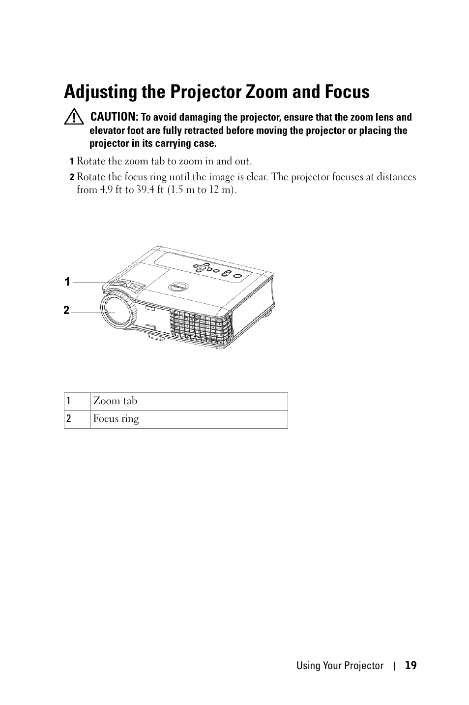 Adjusting the projector zoom and focus | Dell 5100MP Projector User Manual | Page 19 / 61