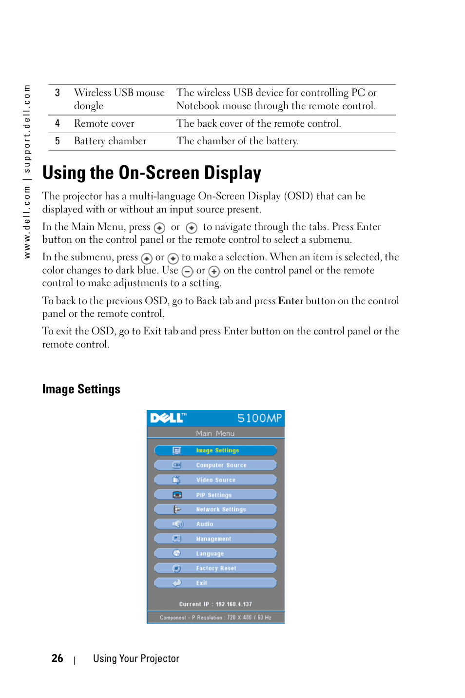 Using the on-screen display, Image settings | Dell 5100MP Projector User Manual | Page 26 / 61