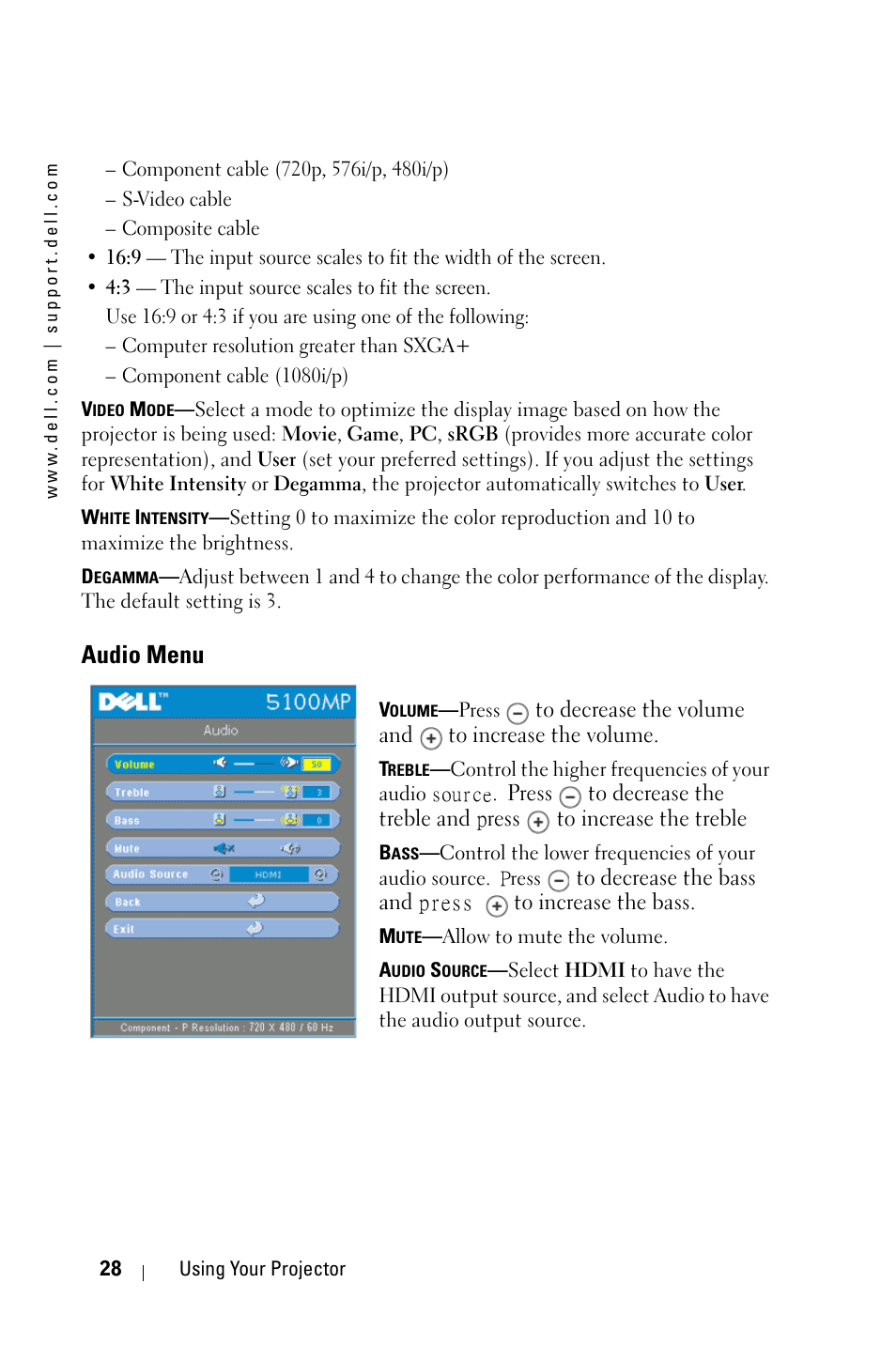 Audio menu | Dell 5100MP Projector User Manual | Page 28 / 61