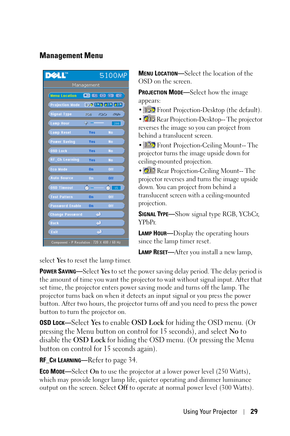 Management menu | Dell 5100MP Projector User Manual | Page 29 / 61