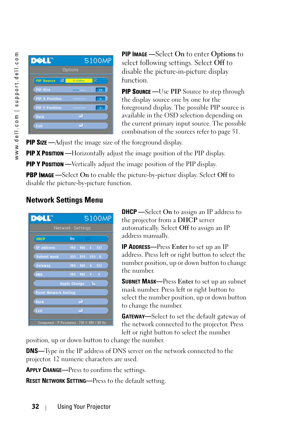 Network settings menu | Dell 5100MP Projector User Manual | Page 32 / 61